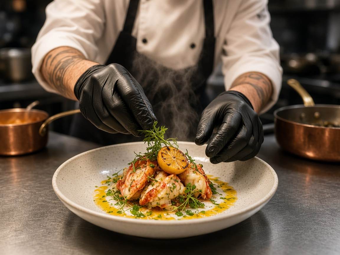 Chef a emplatar um prato de estação na cozinha BechaMasnoie.com